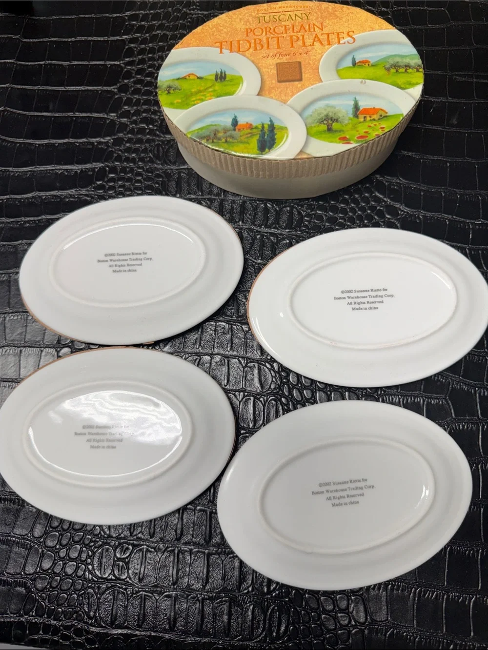 Boston Warehouse White Porcelain Tidbit Plates with Green & Orange Scenic Motif